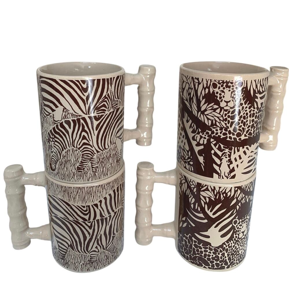 VTG Royal Crown Safari Animal Print Coffee Tea Mugs Zebra Cheetah Set of 4